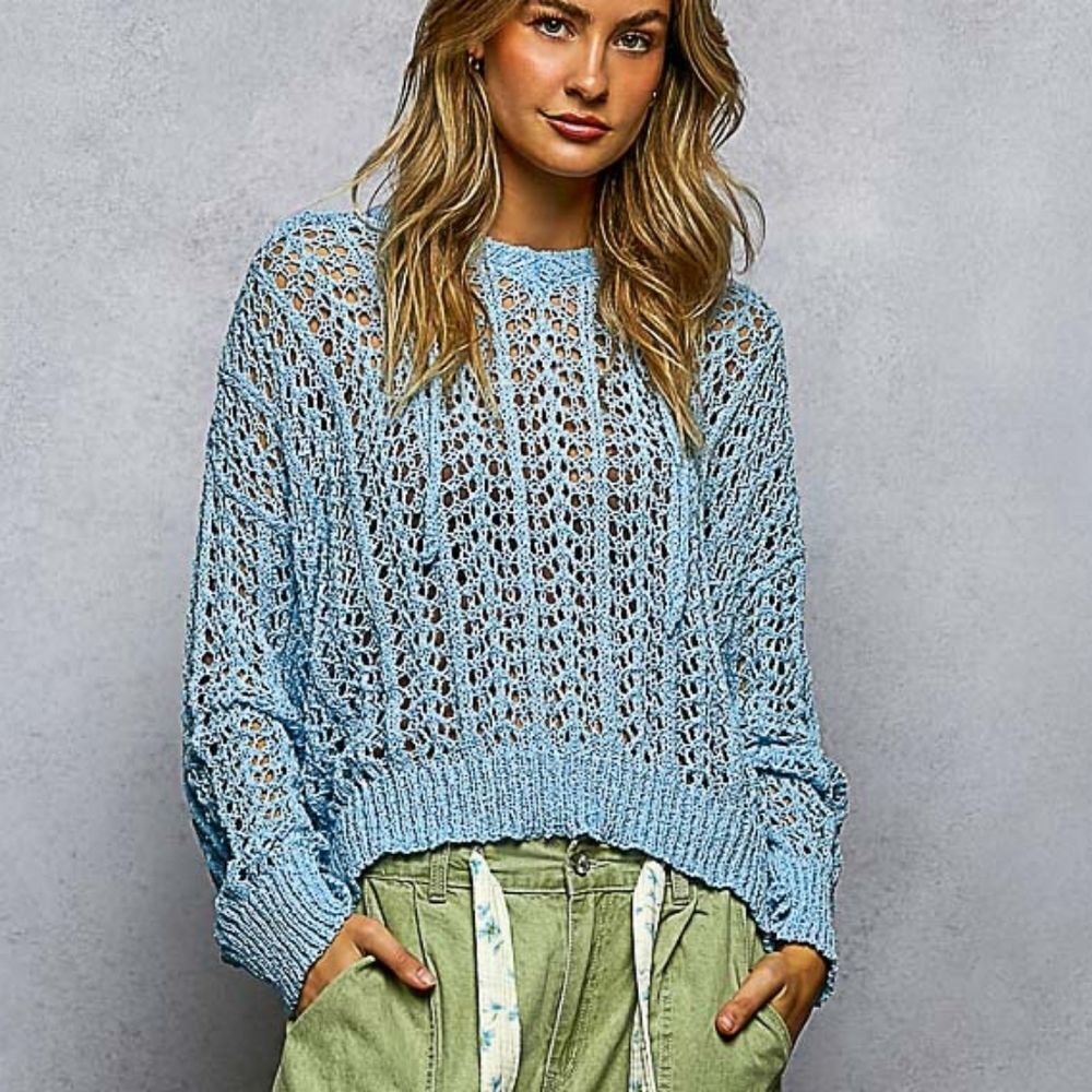 Women's POL Blue Hoodie Round Neck Open Knit Oversized Sweater sz Large [8/10]
